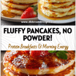 Stack of fluffy protein pancakes with milk showing how to make high protein pancakes without eggs using simple ingredients.